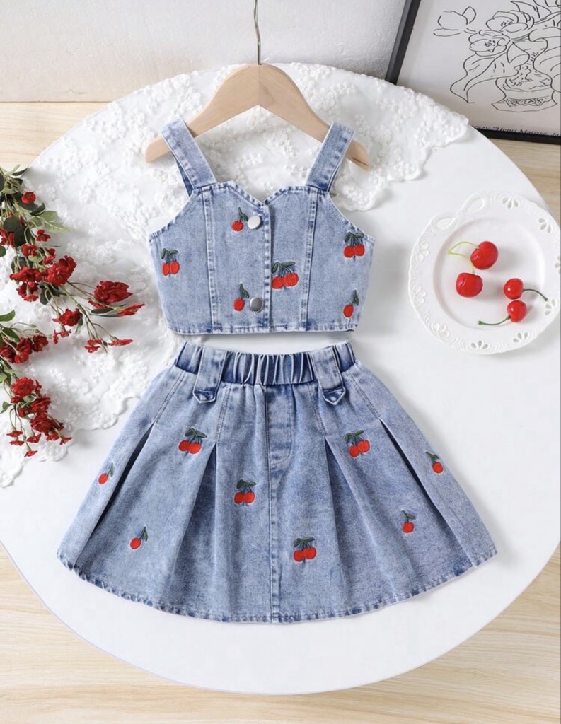 Set de 2 piezas con top de mezclilla sin mangas con bordado de cerezas retro y falda plisada de mezclilla para niña, para verano