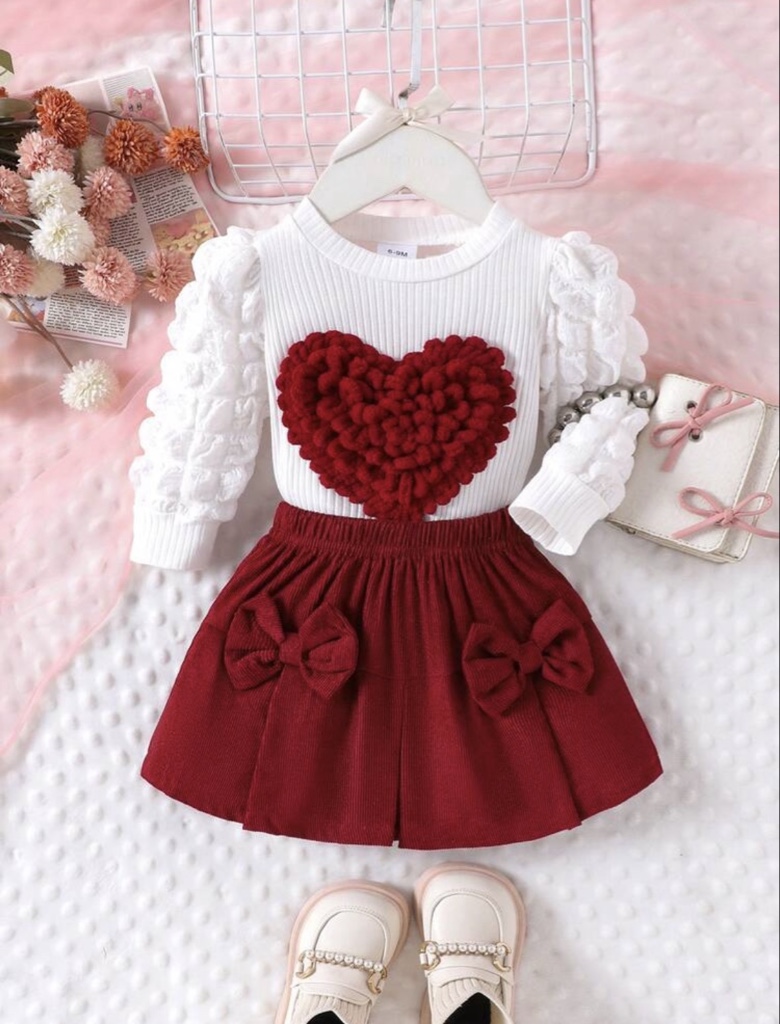 Conjunto de 2 piezas de top con mangas abullonadas y falda con estampado de corazones estilo preppy para niña bebé, ligero para primavera/otoño