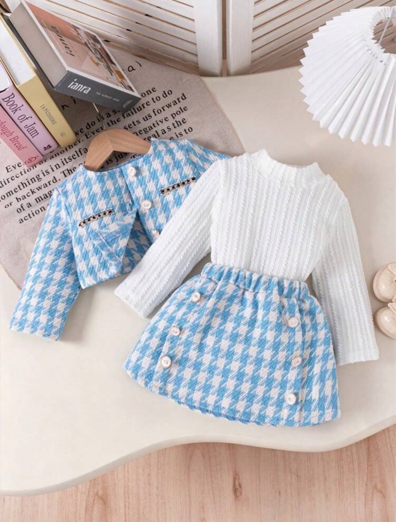 Conjunto de 3 piezas para niñas pequeñas: chaqueta a cuadros rojos, top de cuello alto y falda con botones de rosa, para otoño/invierno