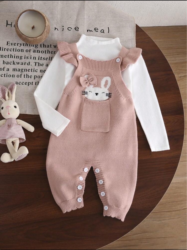 Mono largo de jersey de punto jacquard con dibujos animados para bebé niña con decoración rosa de conejo de peluche, mangas de mariposa y detalles de volantes, para primavera y otoño