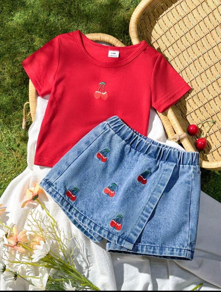 set de 2 piezas Camiseta de manga corta con bordado de cereza dulce y linda en rojo para niña bebé de verano & Falda-pantalón de mezclilla, ajuste holgado y cómodo,