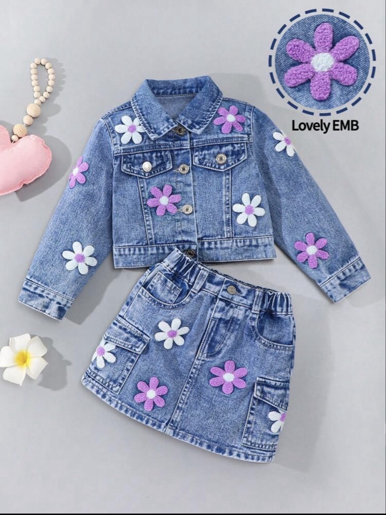 [87% Algodón,11% Viscosa,2% Poliéster] SHEIN Conjunto de 2 piezas de mezclilla para niñas, estilo casual y dulce para la escuela, conjunto de ropa de mezclilla azul oscuro lavada diseñado para la pequeña princesa.