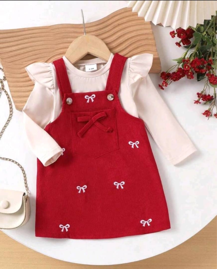 Conjunto de 2 piezas para niña bebé con top de manga larga lindo y elegante & vestido de tirantes, delgado para primavera/otoño