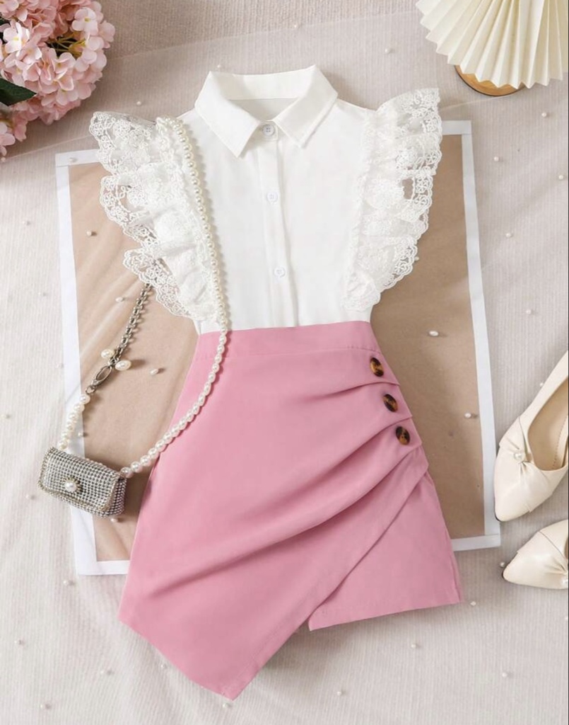 Set de 2 piezas con blusa sin mangas con encaje floral elegante y falda de bajo asimétrico para niñas, para primavera/verano
