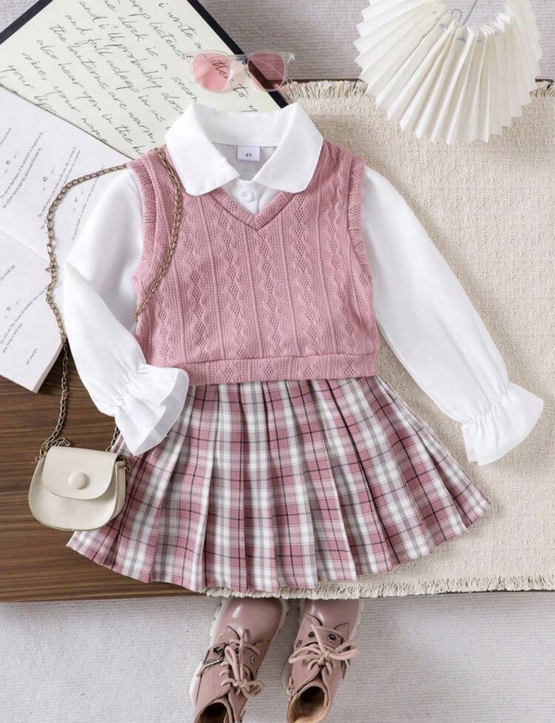 3 piezas/set Vestidor de estilo académico lindo para niñas, camiseta de unicolor, falda mini plisada Outfit, primavera/autumna