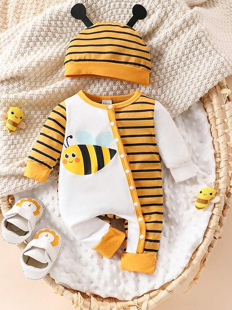 presenta un diseño a rayas amarillas y negras con un estampado frontal de abeja