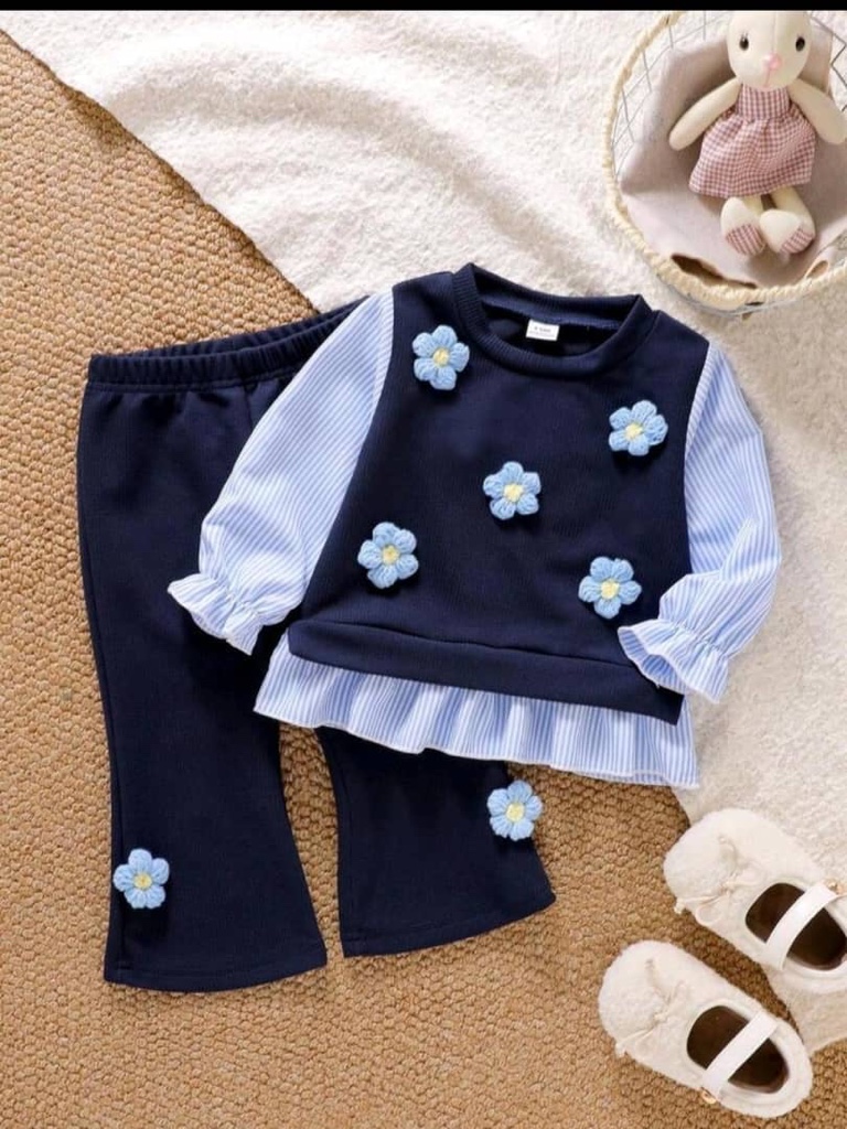 3 piezas para niñas bebé: Camisa a rayas con bordado de poni en azul marino, chal versátil a juego y falda plisada. Lindo uniforme escolar de verano para volver al colegio.