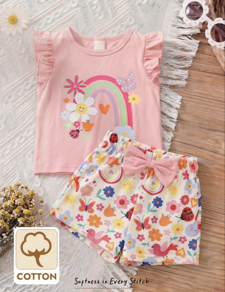 Cozy Pixies Conjunto de 2 piezas de top de manga corta de cuello redondo suave de punto con patrón de arcoíris y shorts de cintura elástica para niña bebé