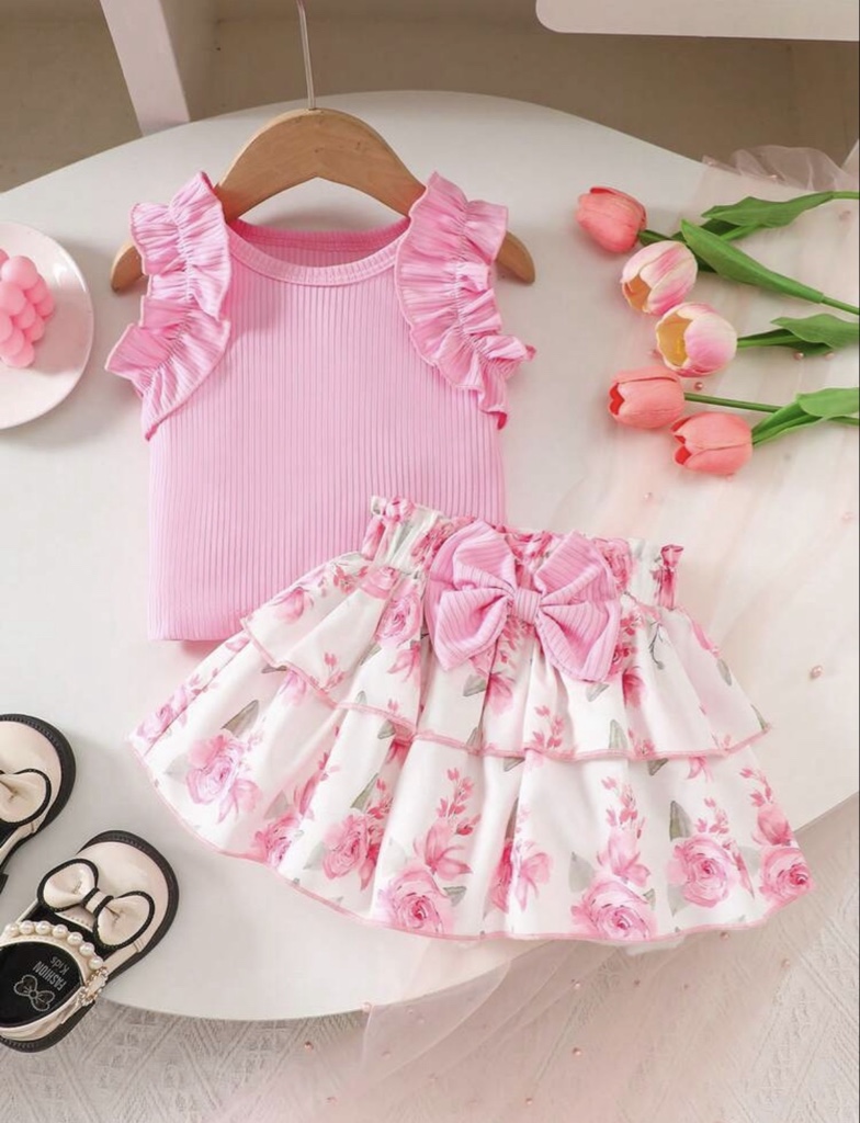 2 piezas Conjunto de niña bebé con blusa de manga con volantes floral linda y falda con estampado y moño, adecuado para el verano