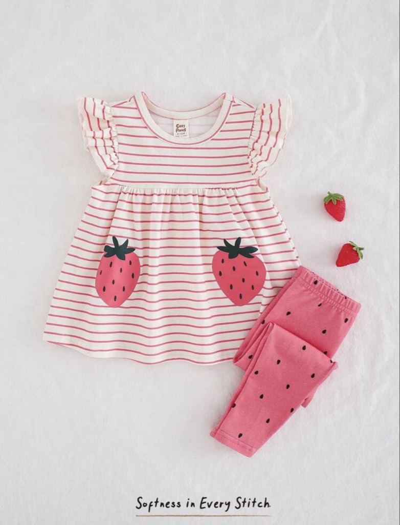 2 piezas para bebé niña: Top con cuello redondo y volantes con estampado de fresa y pantalones con cintura elástica