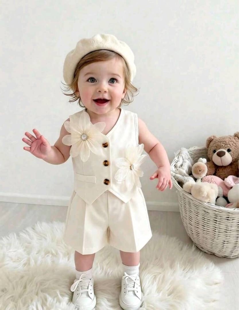 Souflis Souflis 2 Piezas Conjunto De Top Con Lazo Y Botones Y Shorts Color Albaricoque Para Bebé Niña, Conjunto De Estilo De Viaje De Moda De Verano Para Bebé Niña