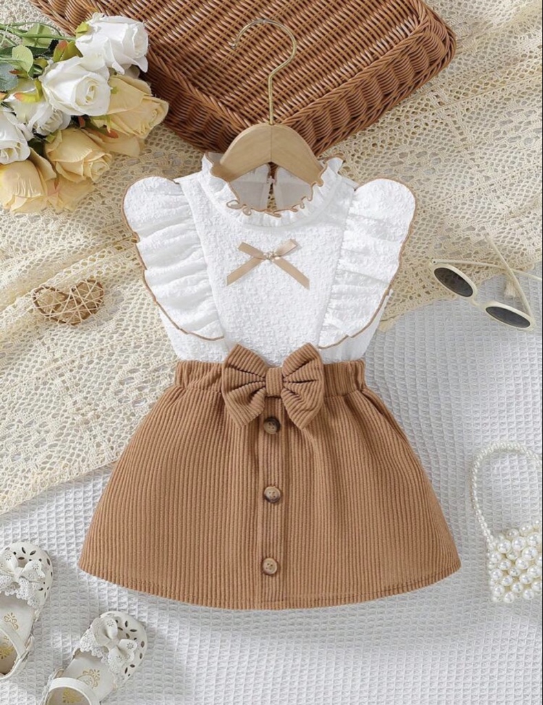 Ropa de bebé para niña con lazo y ribete de volantes, adecuada para salidas de verano