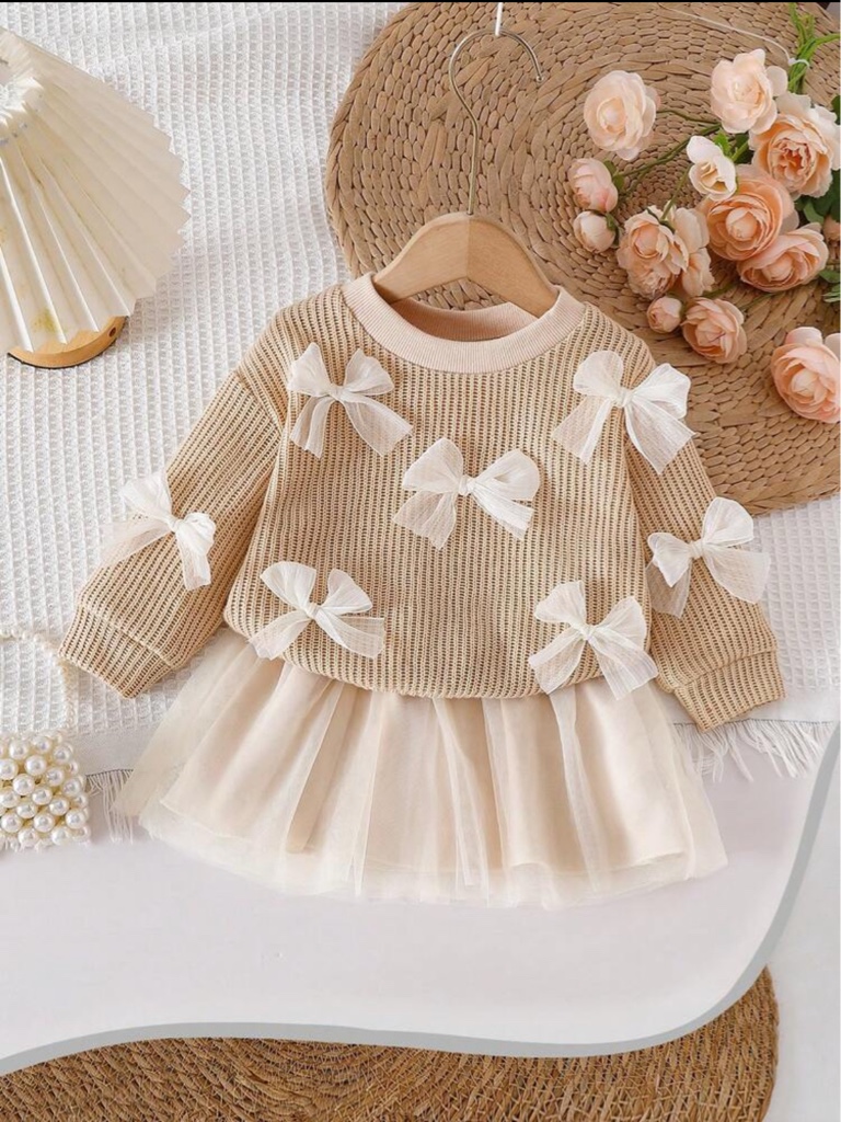 2 piezas de Top de manga larga con cuello redondo y decoración de moño + Falda de malla para niñas bebés, elegante y lindo, adecuado para otoño/invierno
