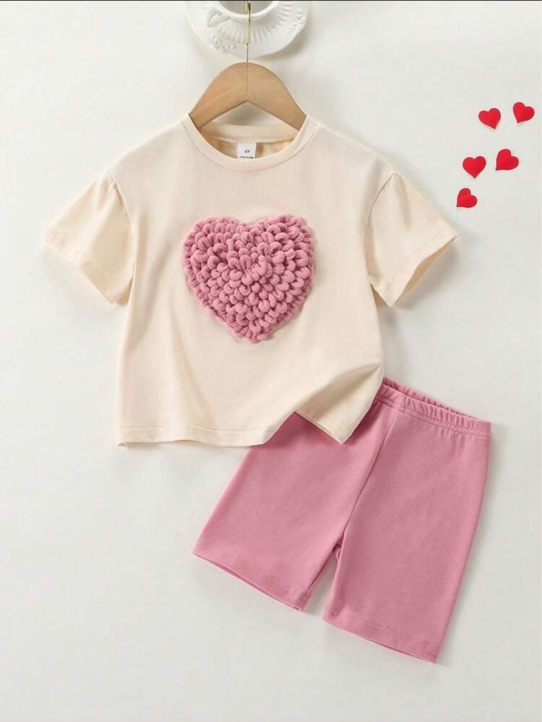 [95% Algodón,5% Elastano] Cozy Pixies Conjunto informal de 2 piezas con sudadera de manga corta con estampado de corazón