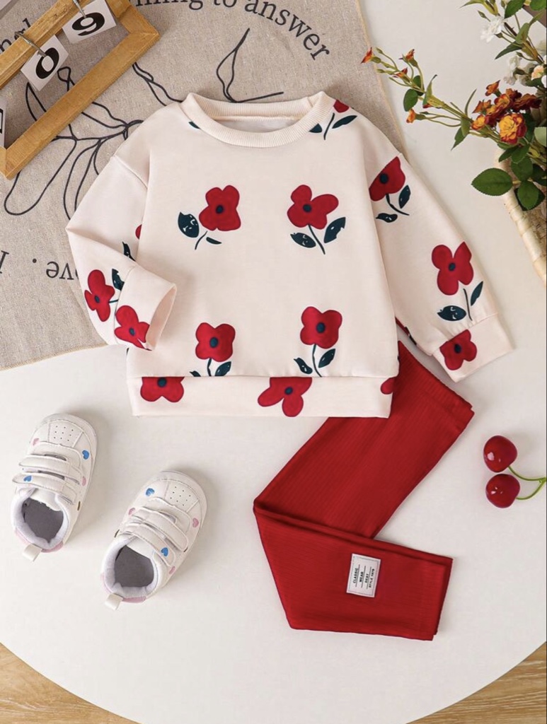 SHEIN Vintaside Kids Conjunto casual de 2 piezas para niña bebé: sudadera con cuello redondo estriado y estampado floral, y leggings estriados, cómodo y elegante para otoño/invierno