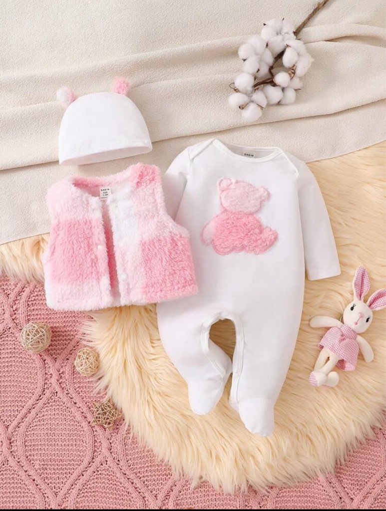 Set de 3 piezas de Mameluco de manga larga con estampado de oso rosa y blanco, chaleco y gorro para recién nacido, conjunto de ropa para el hogar