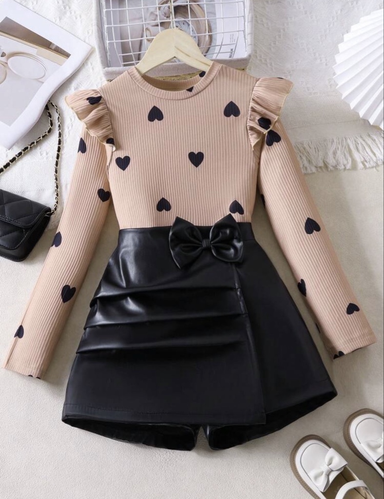 Set de 2 piezas de blusa de manga larga con patrón de corazón acanalado + falda con lazo, para primavera/otoño