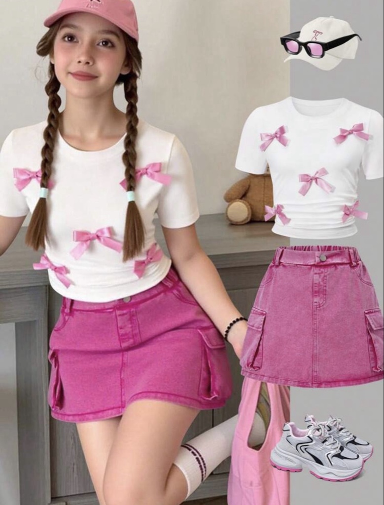 [100.0% Algodón] SHEIN Set de 2 piezas: Blusa con decoración de moño y falda vaquera rosa para niñas, conjunto casual
