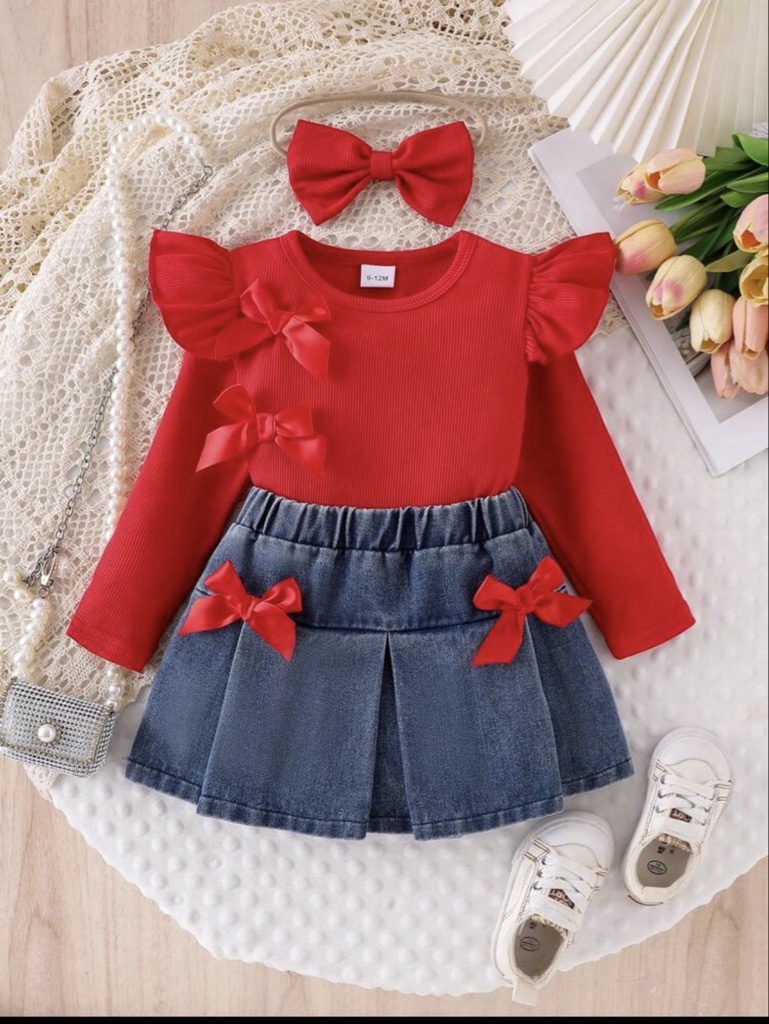 Conjunto informal de 3 piezas para niña bebé: Camiseta de manga acampanada acanalada de unicolor, Falda vaquera con cintura elástica y decoración de lazo, y Diadema con lazo
