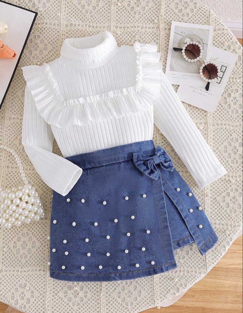 Set de 2 piezas de blusa de manga larga informal y falda pantalón de mezclilla para niñas jóvenes