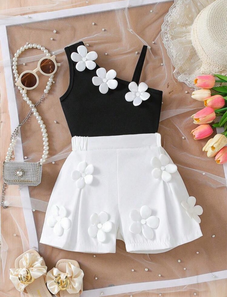Conjunto de 2 piezas de recién nacido con diseño floral lindo para niñas bebés: chaleco de tirantes y shorts