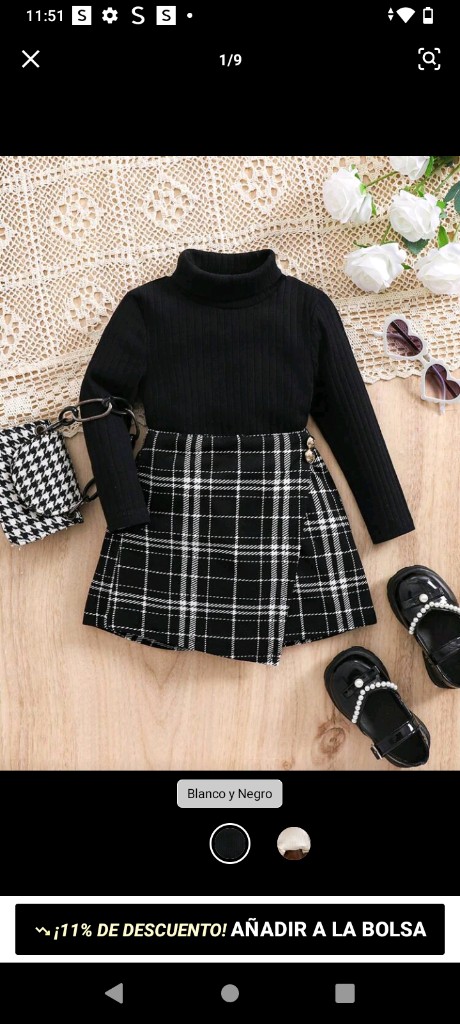 Set de 2 piezas de blusa de manga larga negra de punto y shorts plisados de cintura elástica a cuadros para niña bebé, otoño/invierno