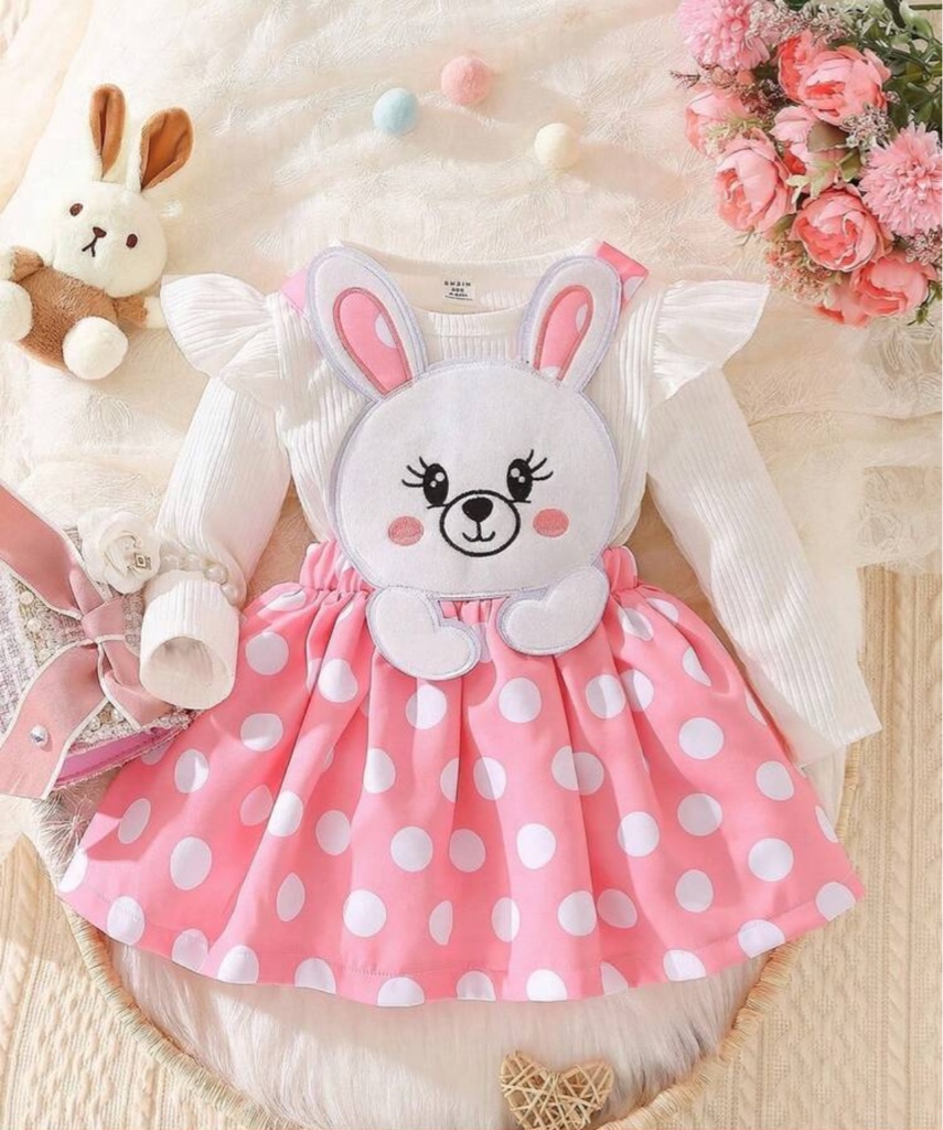 Bebé niña 1 pieza Vestido con estampado de lunares y dibujos animados Sin parte superior