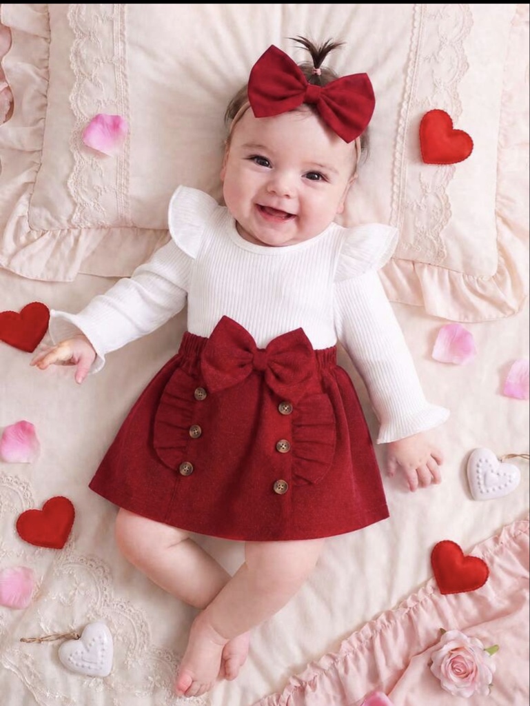 Conjunto de 3 piezas para bebé niña: Blusa de manga larga de unicolor, falda con decoración de lazo, coletero - Conjunto elegante