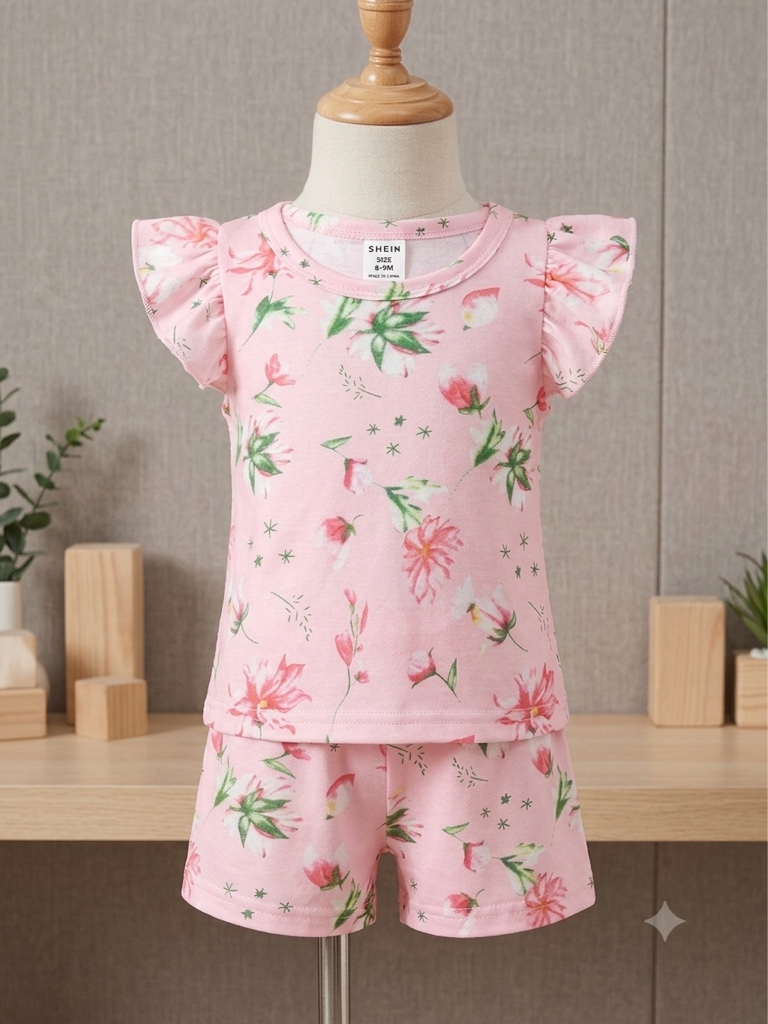 Este conjunto rosa de la marca SHEIN para bebés presenta un diseño floral con detalles de volantes en las mangas.