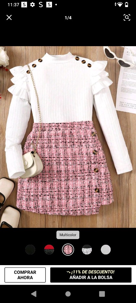 Chica preadolescente ribete con fruncido de cuello alto Camiseta & de cuadros con diseño de botón Falda