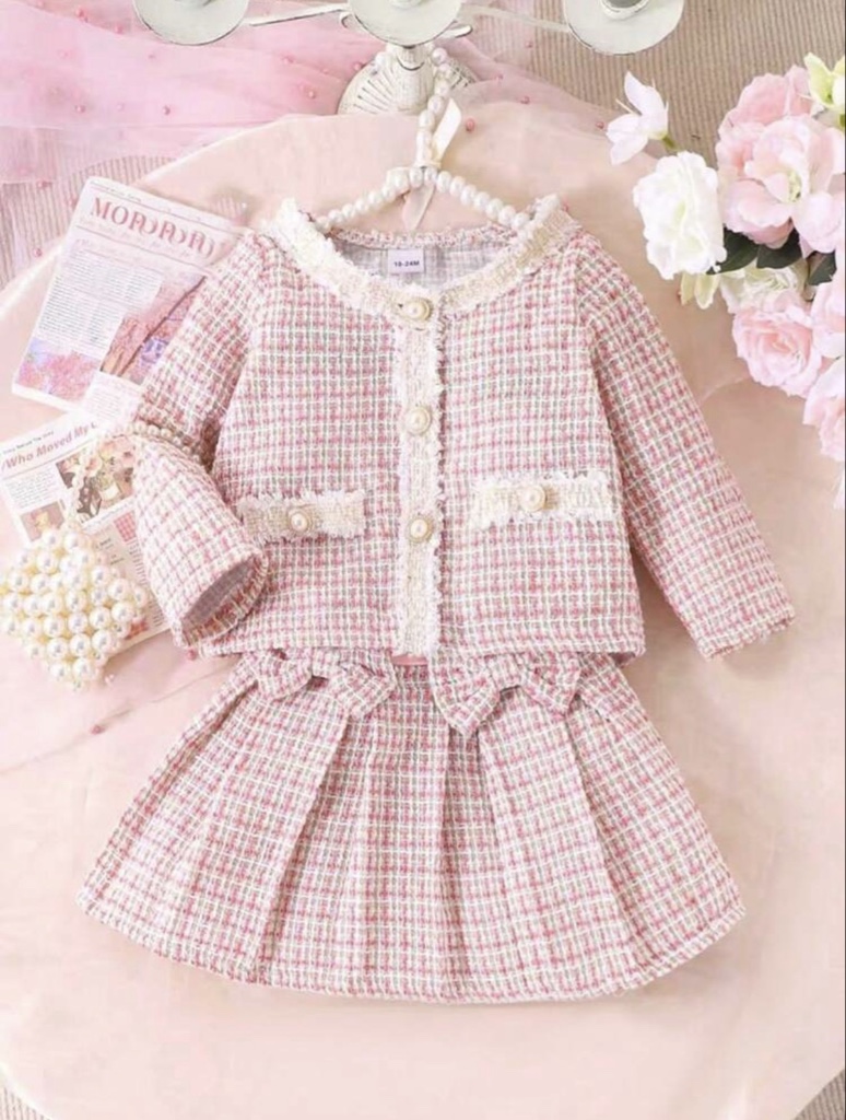 Conjunto de 2 piezas chaqueta de manga larga con decoración falsa de bolsillo y botones y falda con lazo para niña, ideal para otoño/invierno, de peso ligero