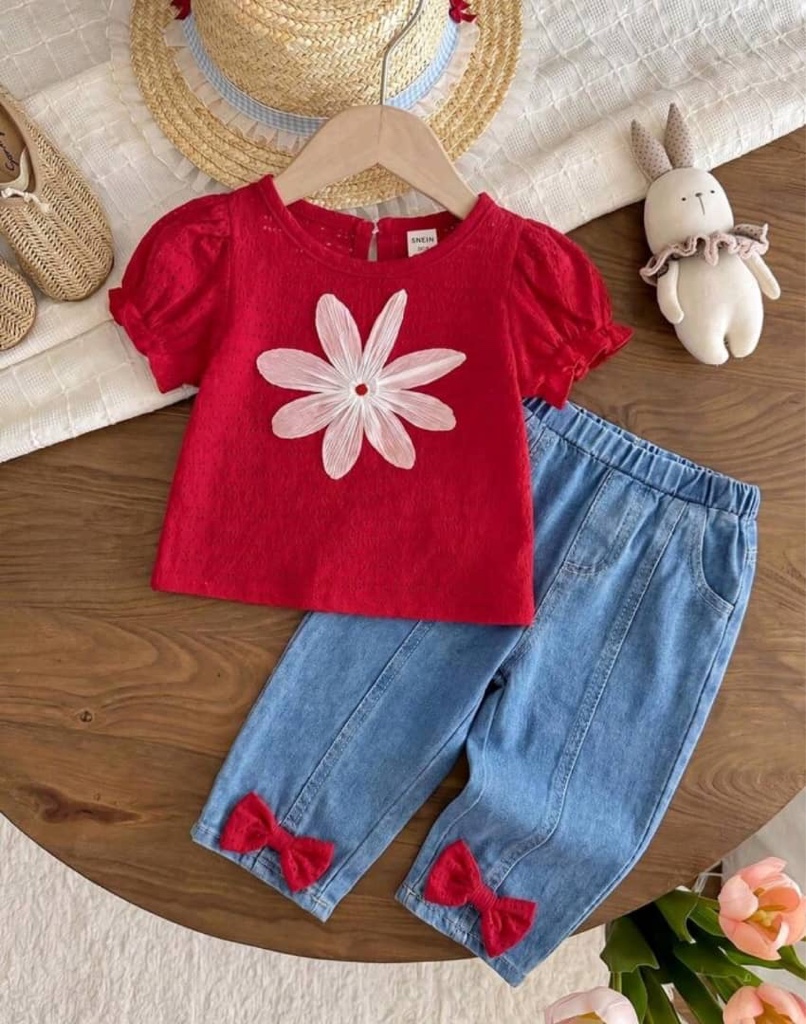 Conjunto de verano para niñas bebé con blusa blanca y roja de estilo coreano con gran lazo y pantalones vaqueros de mezclilla lavada, look casual para salidas