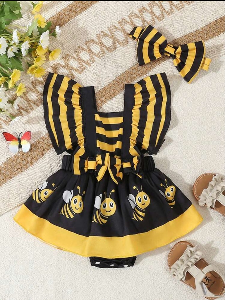 Body con falda de bebe niña con estampados de abeja/mariquita/vaca/elefante, manga corta, conjunto de mono y diadema para el verano