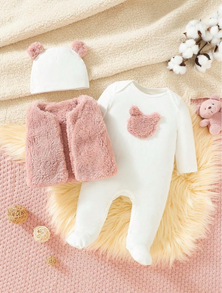 Conjunto De 3 Piezas De Chaleco De Forro Polar Para Bebé Niña Con Lindo Oso Bordado, Ideal Para Hogar/ropa De Abrigo