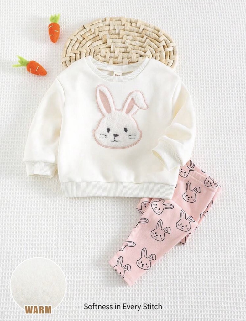 Cozy Pixies Conjunto de 2 piezas de sudadera de cuello redondo de punto suave con estampado de conejo y pantalones para bebé niña