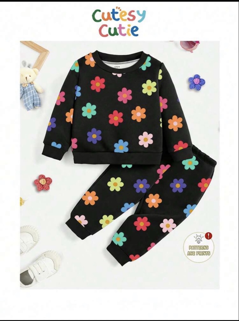 SHEIN 2 piezas Conjunto de niña bebé de sudadera con capucha y pantalón de chándal de punto suave con estampado floral, adecuado para otoño/invierno