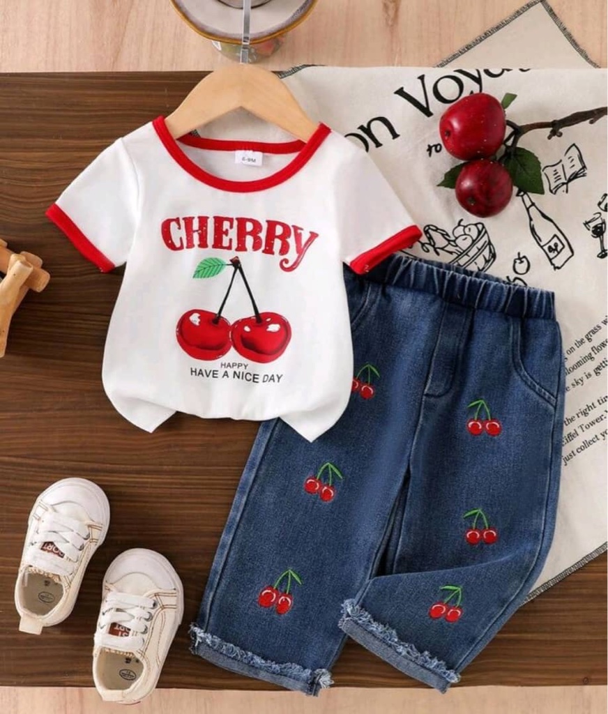 Conjunto de 2 piezas de niña bebé con top de manga corta con cuello redondo y estampado de letras y cereza, y pantalones largos de mezclilla con dobladillo con bordado de cereza