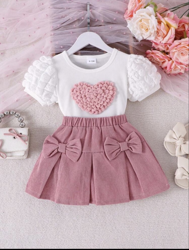 Conjunto de 2 piezas para niña bebé con top elegante de manga corta con corazón blanco y falda de pana, delgado para verano