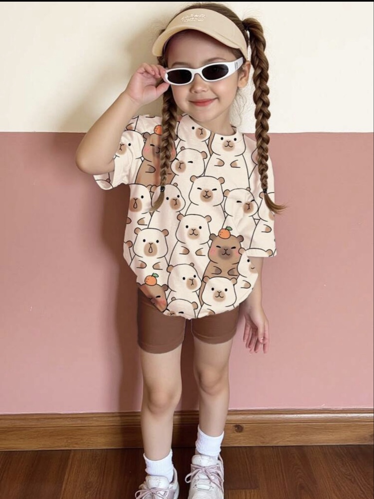 2 piezas de camiseta de manga corta holgada y shorts con estampado de capibara lindo e informal para niñas, adecuado para verano