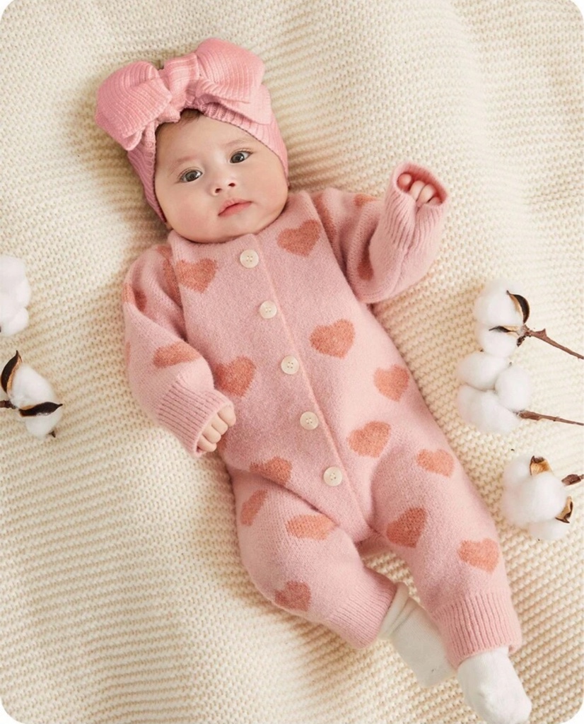 Mono de punto con manga larga y estampado de corazones para bebé niña, otoño/invierno