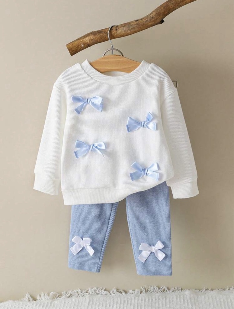 2 piezas de top y pantalones casuales, versátiles y cómodos con decoración de moño para niñas bebés, adecuado para uso en casa y al aire libre, otoño/invierno