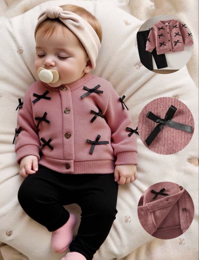 SHEIN Conjunto de chaqueta de punto con lazo y pantalones de unicolor, moda casual de otoño/invierno para recién nacidos