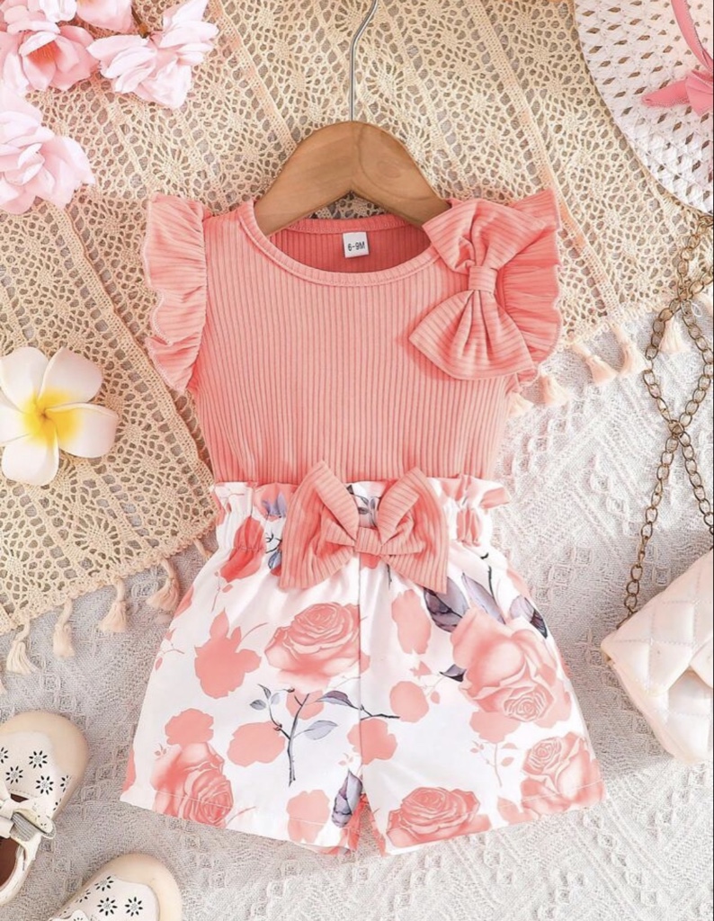 Conjunto de ropa de verano para niñas bebé - Blusa con manga corta y moño lindo, con pantalones cortos casuales estampados de flores, conjunto de 2 piezas para niñas bebé