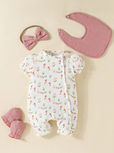 [100% Algodón] SHEIN Playful Pals Mono casual de manga abullonada con estampado floral para bebé niña, verano