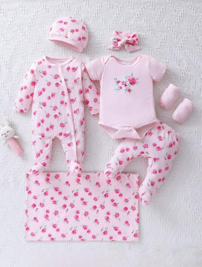 Conjunto De Regalo De 7 Piezas De Ropa De Manga Larga Para Bebé Niña Con Estampado De Flores Y Pantalones Largos, Gorro, Cinta Para La Cabeza Y Guantes