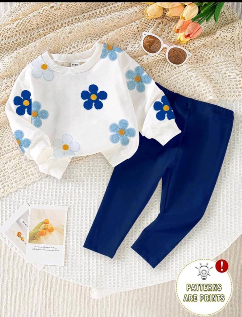 Souflis Souflis 2 piezas Conjunto de sudadera con cuello redondo y leggings con estampado floral casual para niñas bebé, conjunto de moda y lindo para otoño