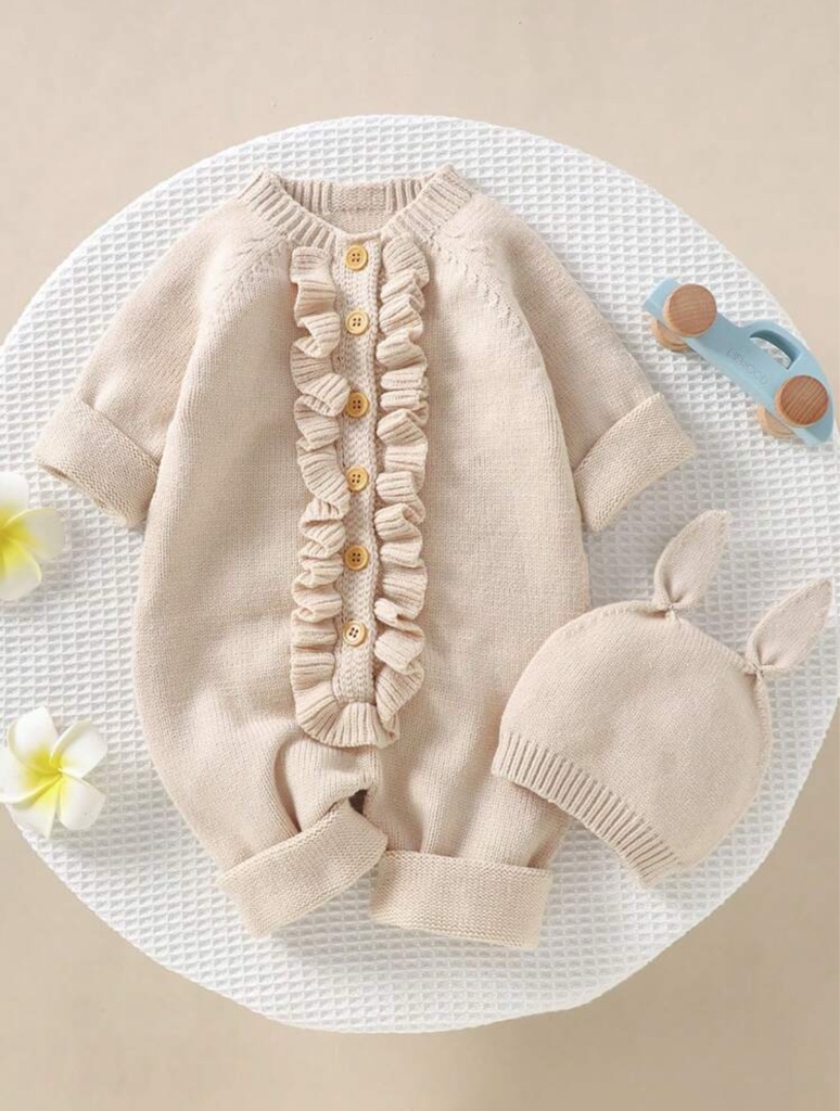 Bebé niña Mono ribete con fruncido de manga raglán con botón delantero tejido & Sombrero