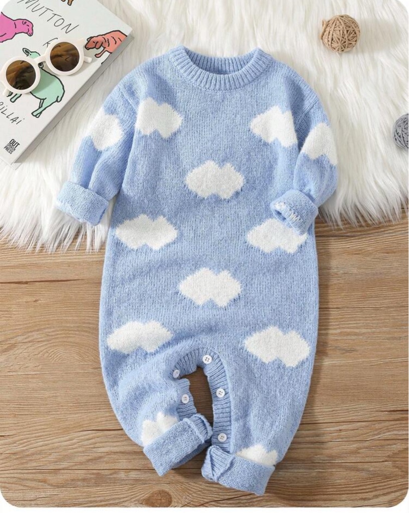 Pelele cómodo y suave de estilo coreano, de color azul y blanco a juego, apto para interior y exterior, con estampado de cielo azul y nubes blancas, adecuado para bebés recién nacidos, otoño/invierno