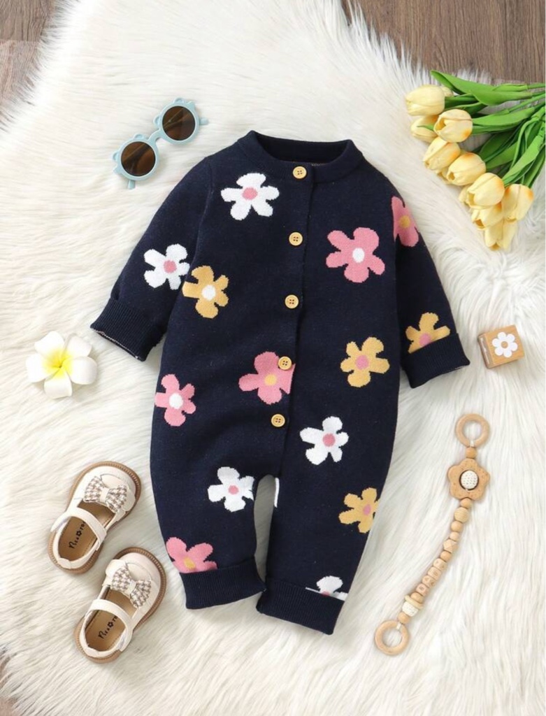 Artículos esenciales adorables para bebé niña: Pelele de manga larga con cuello redondo y diseño de jacquard floral, Mono de punto minimalista y casual, Cómodo y cálido, Acompañando cada paso de crecimiento gozoso