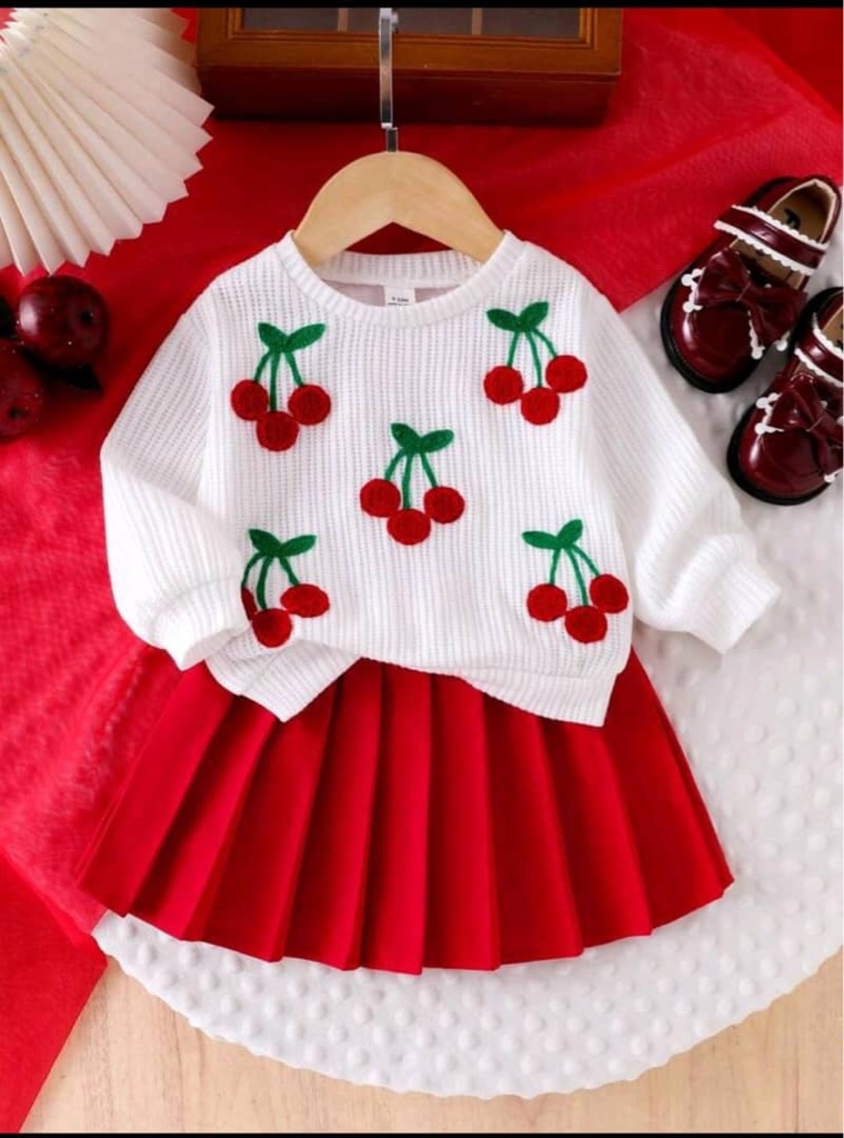 Conjunto de 2 piezas de camiseta de manga larga con bordado de cereza y falda plisada de punto jacquard para niñas bebés, de moda, cómodo y apropiado para primavera/otoño